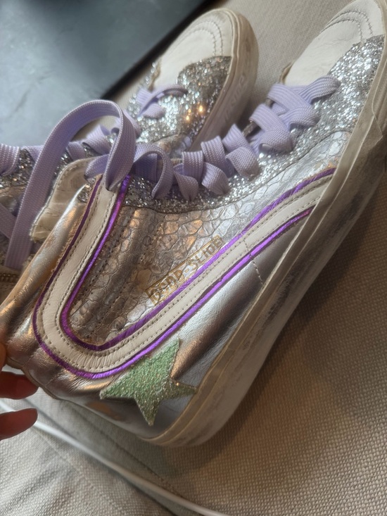 Golden Goose Shoes - Golden Goose Silver Glitter & Purple High-Top Sneakers